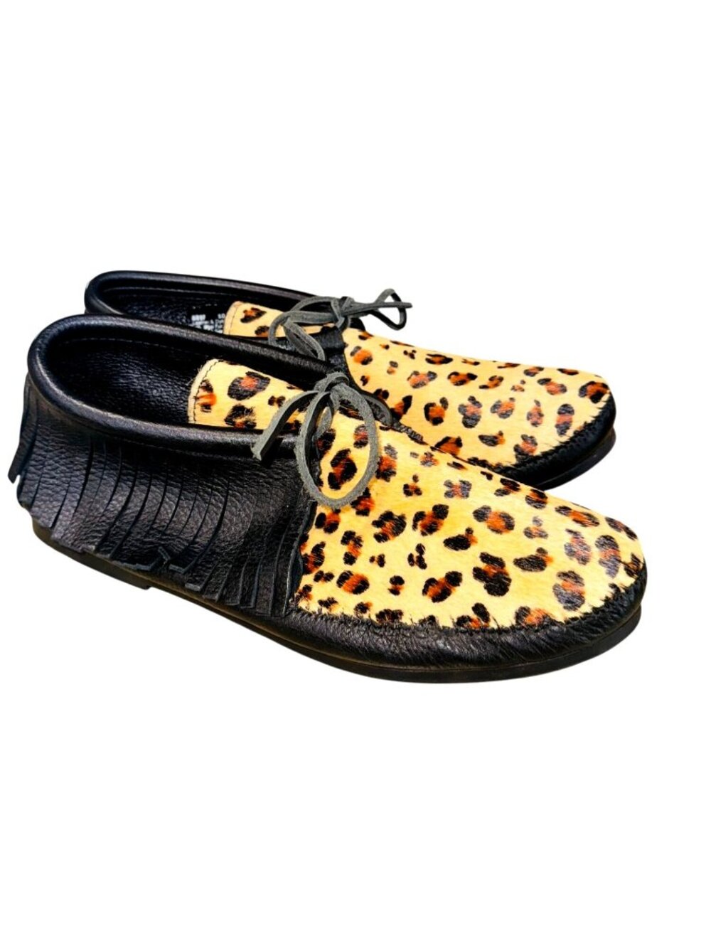 Minnetonka Women 10 Classic Fringe Leopard Deerskin Moccasin Shoes Artsy Festiva
